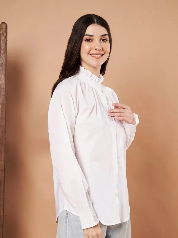White_Cotton_Ruffle_Neck_Button_Down_Shirt_For_Women