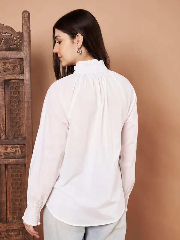 White_Cotton_Ruffle_Neck_Button_Down_Shirt_For_Women