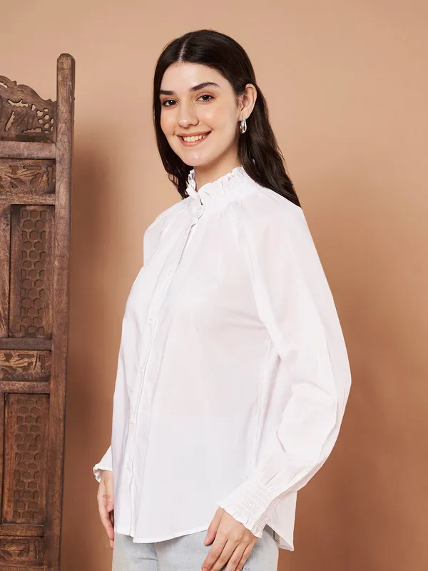 White_Cotton_Ruffle_Neck_Button_Down_Shirt_For_Women