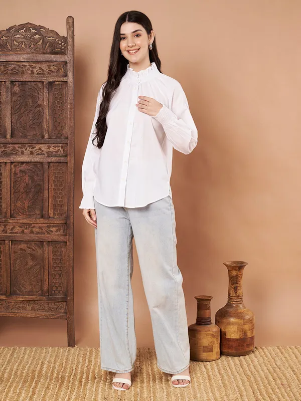 White_Cotton_Ruffle_Neck_Button_Down_Shirt_For_Women