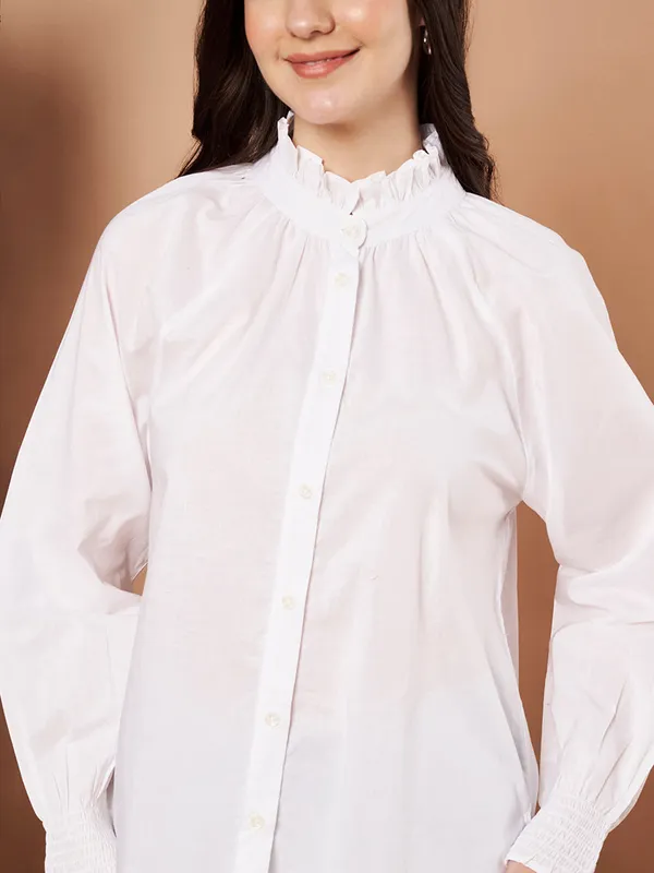 White_Cotton_Ruffle_Neck_Button_Down_Shirt_For_Women