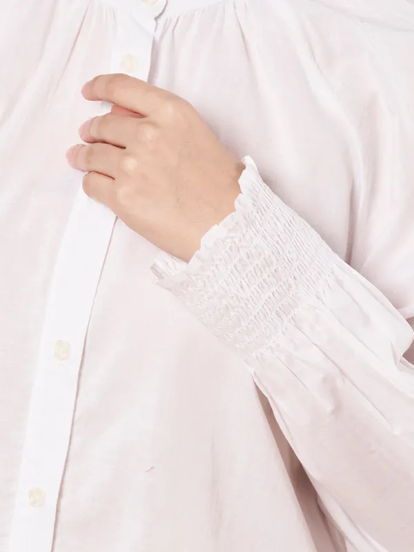 White_Cotton_Ruffle_Neck_Button_Down_Shirt_For_Women