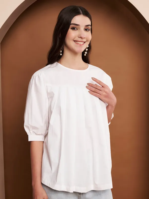 White_Cotton_Pleated_Top_With_Puff_Sleeves_For_Women