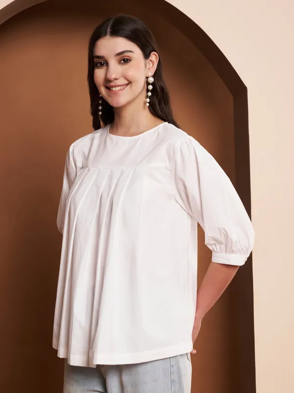 White_Cotton_Pleated_Top_With_Puff_Sleeves_For_Women