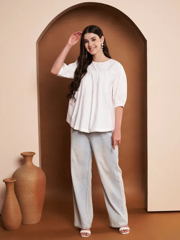 White_Cotton_Pleated_Top_With_Puff_Sleeves_For_Women