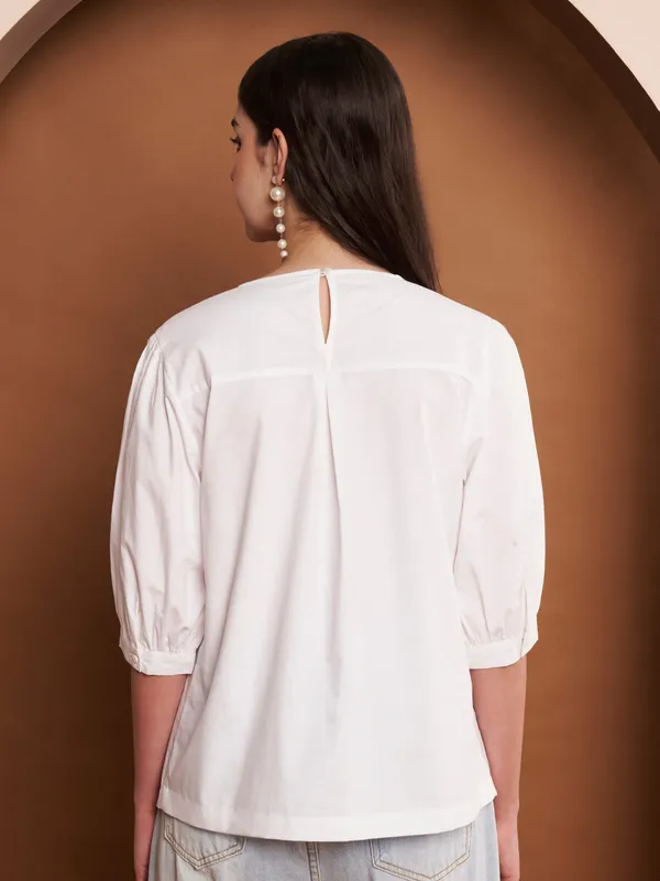 White_Cotton_Pleated_Top_With_Puff_Sleeves_For_Women