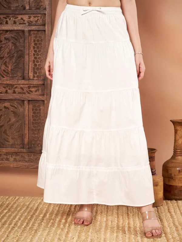 White_Cotton_Tiered_Maxi_Skirt_For_Women