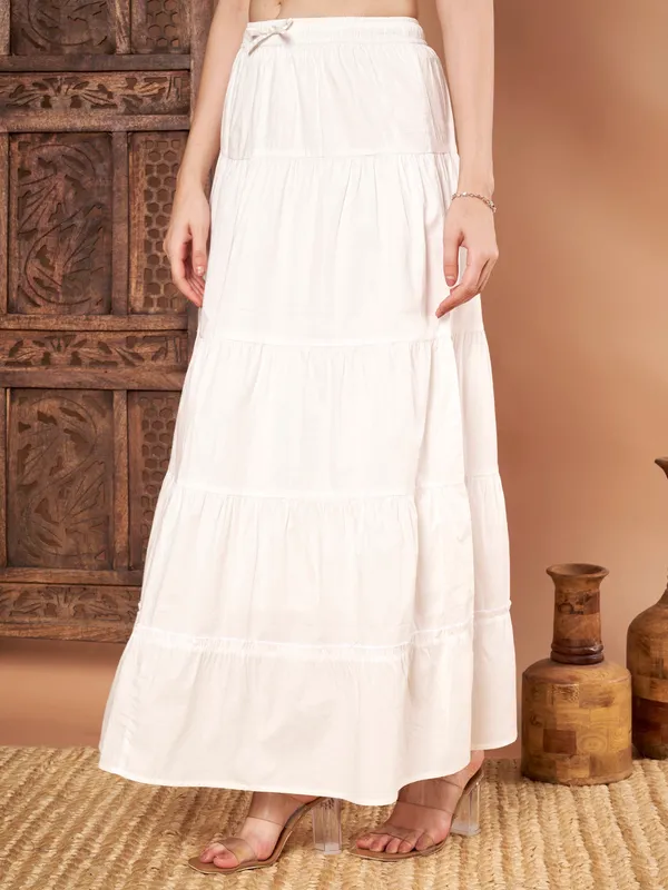White_Cotton_Tiered_Maxi_Skirt_For_Women