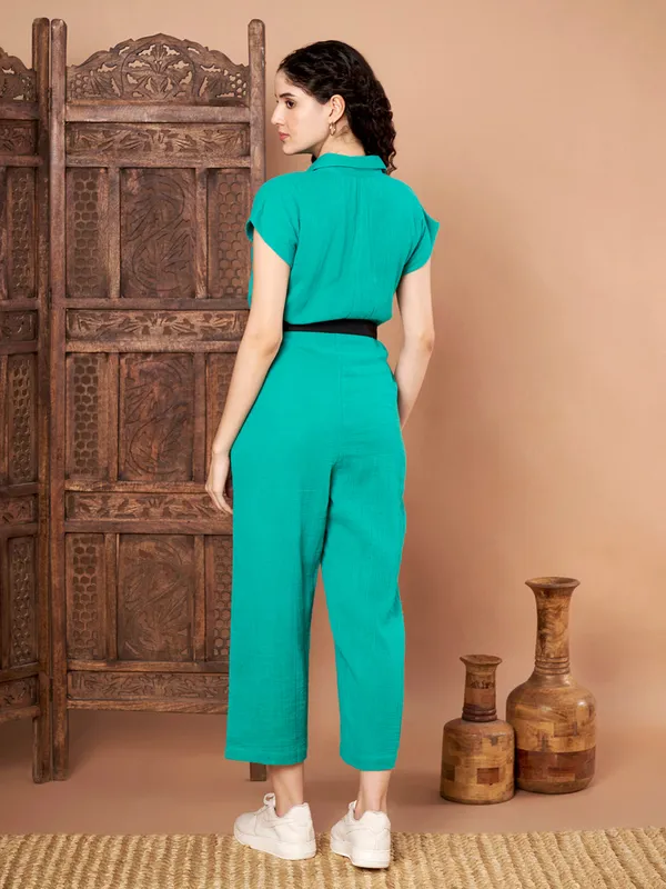 Teal_Cotton_Button_Down_Jumpsuit_With_Belt