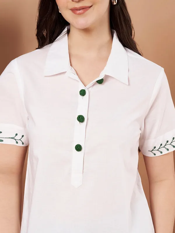 White_Cotton_Embroidered_Short_Sleeve_Top_For_Women