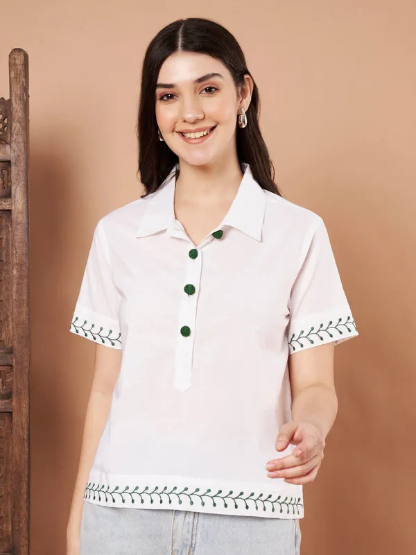 White_Cotton_Embroidered_Short_Sleeve_Top_For_Women