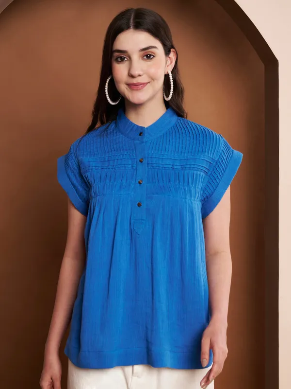 Blue_Cotton_Pleated_Top_With_Mandarin_Collar_For_Women