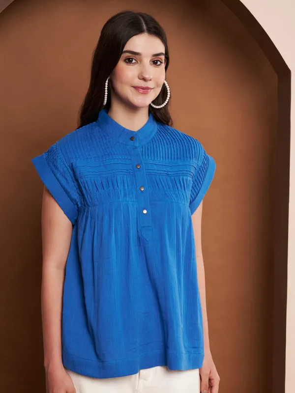 Blue_Cotton_Pleated_Top_With_Mandarin_Collar_For_Women