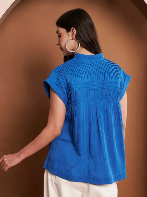 Blue_Cotton_Pleated_Top_With_Mandarin_Collar_For_Women