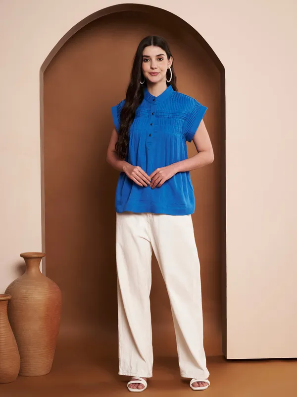 Blue_Cotton_Pleated_Top_With_Mandarin_Collar_For_Women