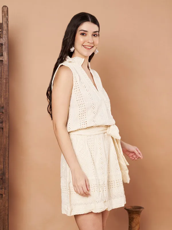 White_Mandarin_Collar_Fit_Flare_Schiffli_Dress_For_Women