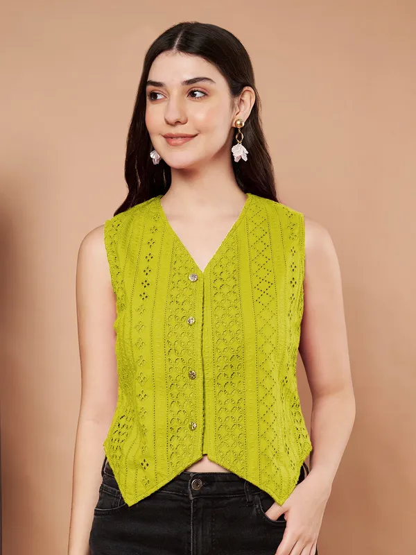 Lime_Green_Eyelet_Embroidered_Sleeveless_Cotton_Button_Down_Vest_Top_For_Women