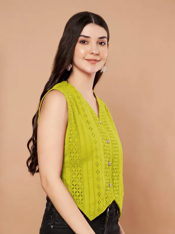 Lime_Green_Eyelet_Embroidered_Sleeveless_Cotton_Button_Down_Vest_Top_For_Women