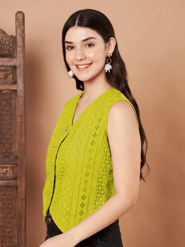 Lime_Green_Eyelet_Embroidered_Sleeveless_Cotton_Button_Down_Vest_Top_For_Women