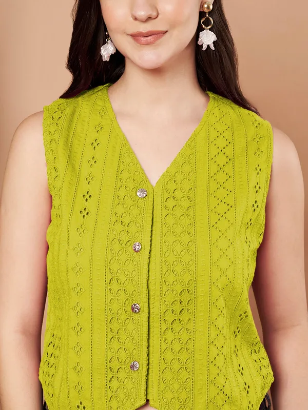 Lime_Green_Eyelet_Embroidered_Sleeveless_Cotton_Button_Down_Vest_Top_For_Women