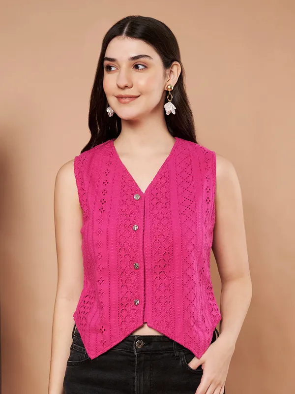 Hot_Pink_Schiffli_Cotton_Sleeveless_Top_Button_Down