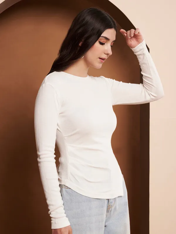 Off_White_Rib_Knit_Full_Sleeve_Top_For_Women