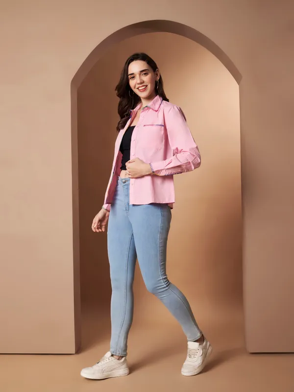 Pink100%_Cotton_Contrast_Stitch_Shirt_for_Women