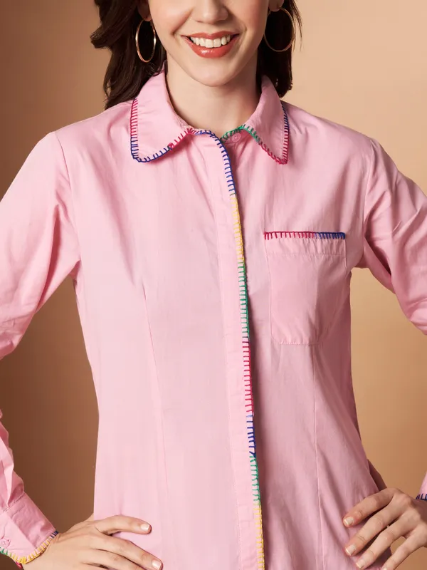 Pink100%_Cotton_Contrast_Stitch_Shirt_for_Women