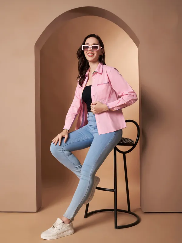 Pink100%_Cotton_Contrast_Stitch_Shirt_for_Women