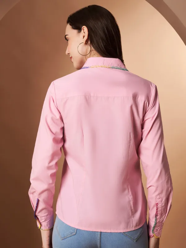 Pink100%_Cotton_Contrast_Stitch_Shirt_for_Women