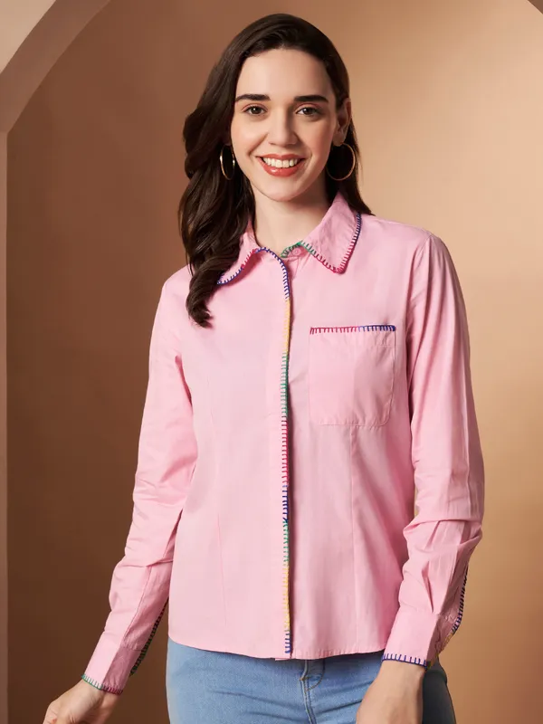 Pink100%_Cotton_Contrast_Stitch_Shirt_for_Women