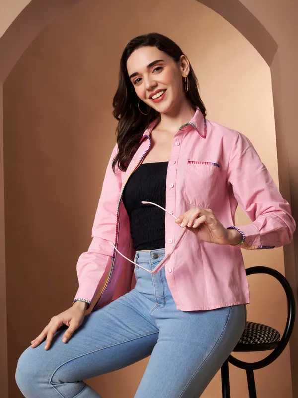 Pink100%_Cotton_Contrast_Stitch_Shirt_for_Women
