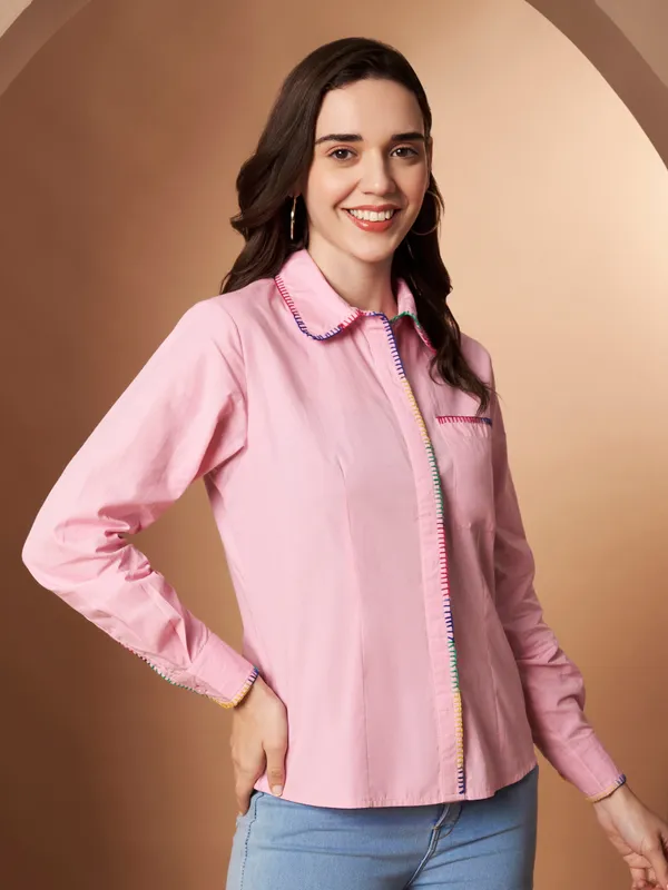 Pink100%_Cotton_Contrast_Stitch_Shirt_for_Women