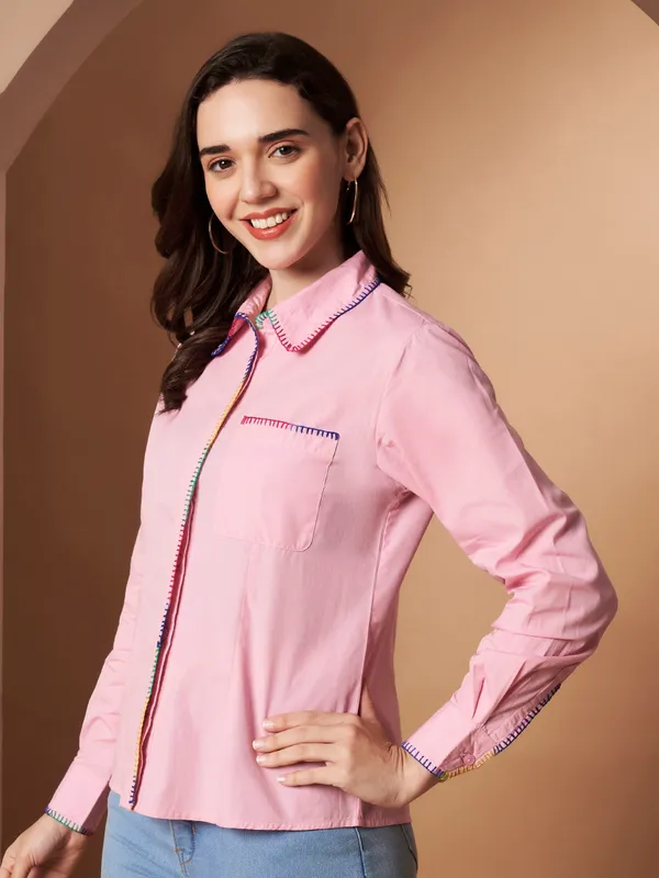 Pink100%_Cotton_Contrast_Stitch_Shirt_for_Women
