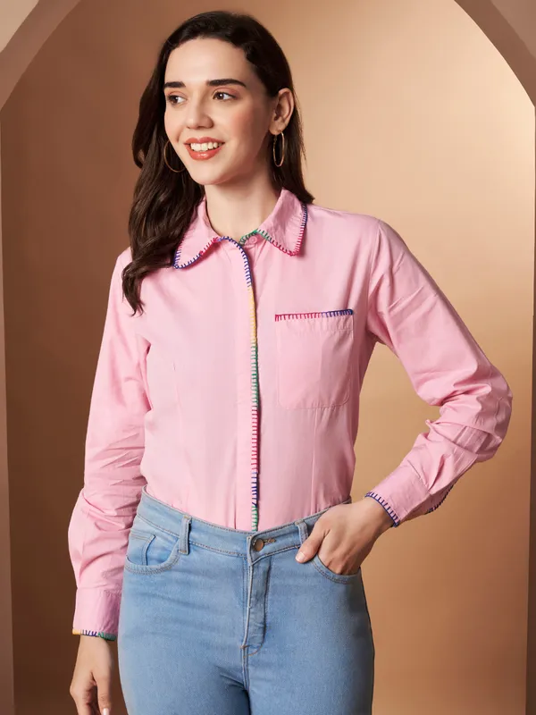 Pink100%_Cotton_Contrast_Stitch_Shirt_for_Women