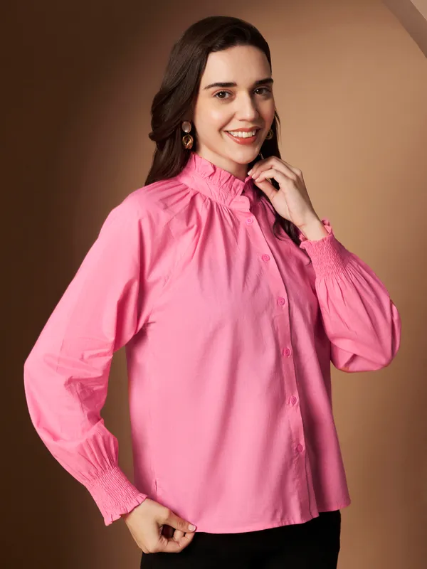 Pink_Cotton_Ruffle_Neck_Button_Down_Shirt_For_Women