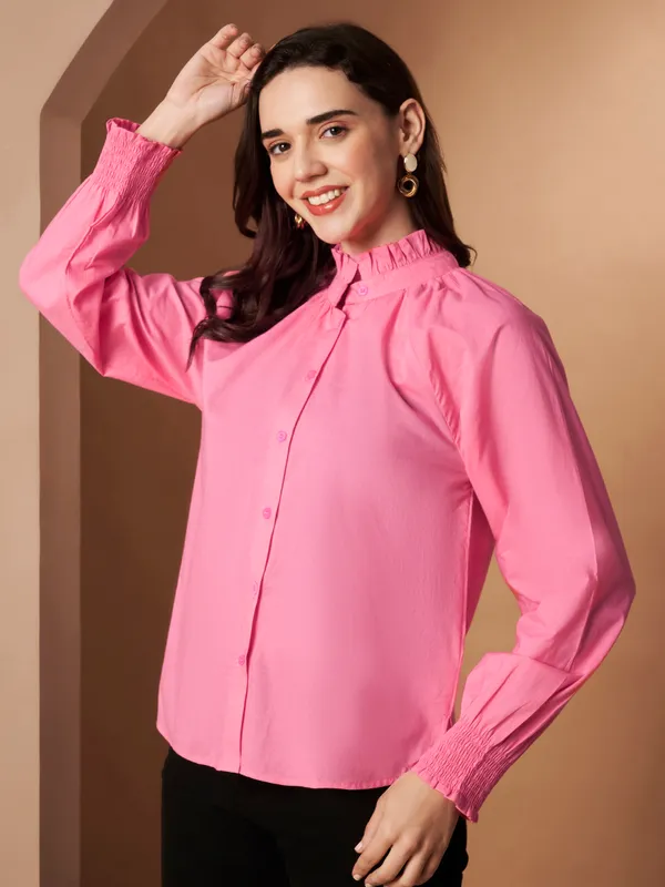 Pink_Cotton_Ruffle_Neck_Button_Down_Shirt_For_Women