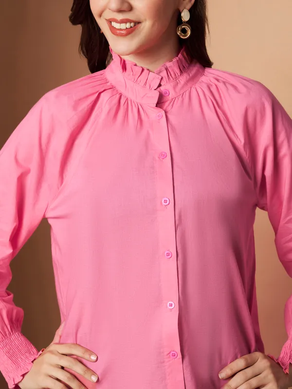Pink_Cotton_Ruffle_Neck_Button_Down_Shirt_For_Women