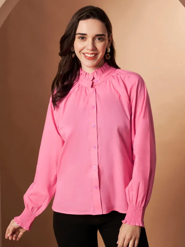 Pink_Cotton_Ruffle_Neck_Button_Down_Shirt_For_Women