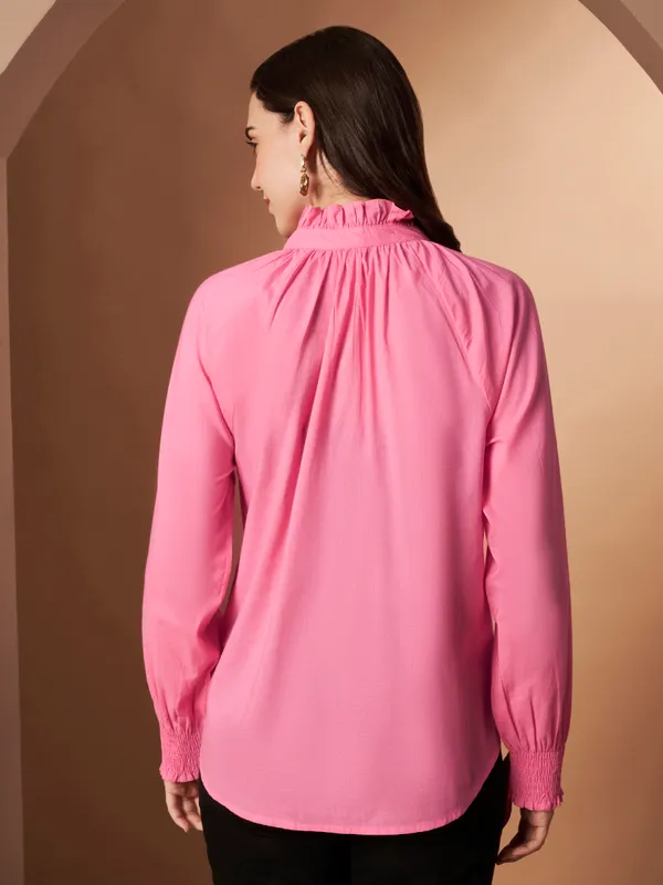 Pink_Cotton_Ruffle_Neck_Button_Down_Shirt_For_Women