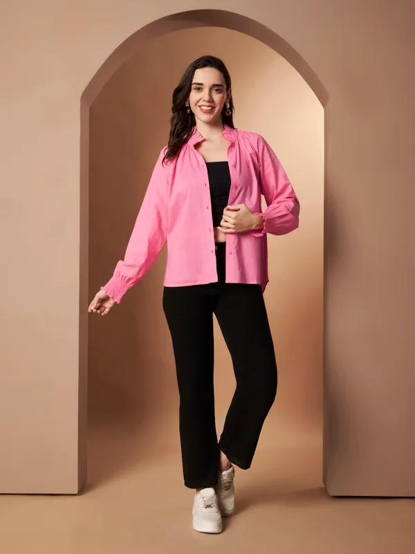 Pink_Cotton_Ruffle_Neck_Button_Down_Shirt_For_Women
