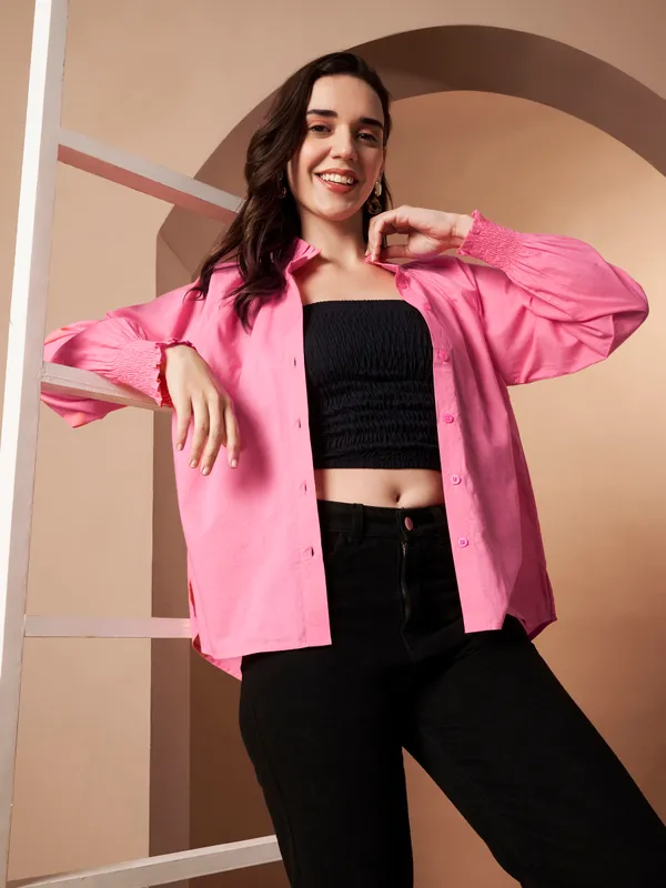 Pink_Cotton_Ruffle_Neck_Button_Down_Shirt_For_Women