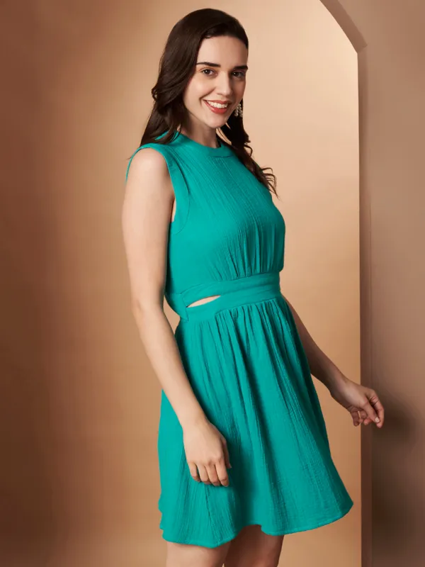 Teal_Sleeveless_Cotton_Dress_with_Cut-Out_Waist