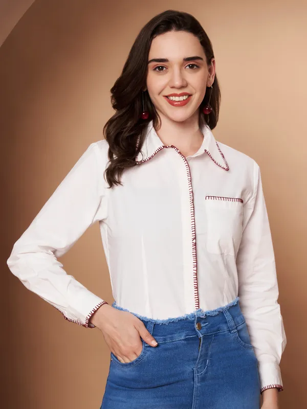 White_100%_Cotton_Contrast_Stitch_Shirt_for_Women