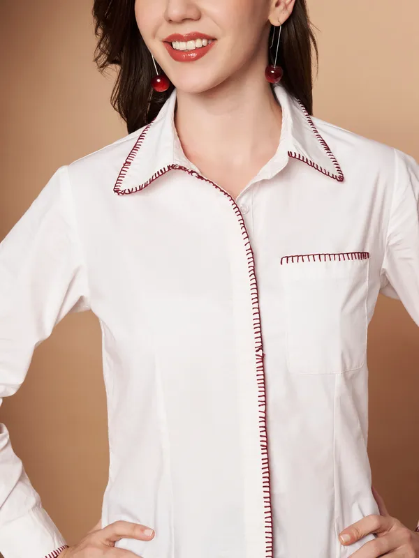 White_100%_Cotton_Contrast_Stitch_Shirt_for_Women
