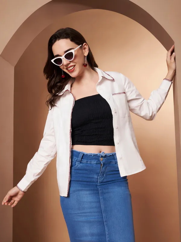 White_100%_Cotton_Contrast_Stitch_Shirt_for_Women