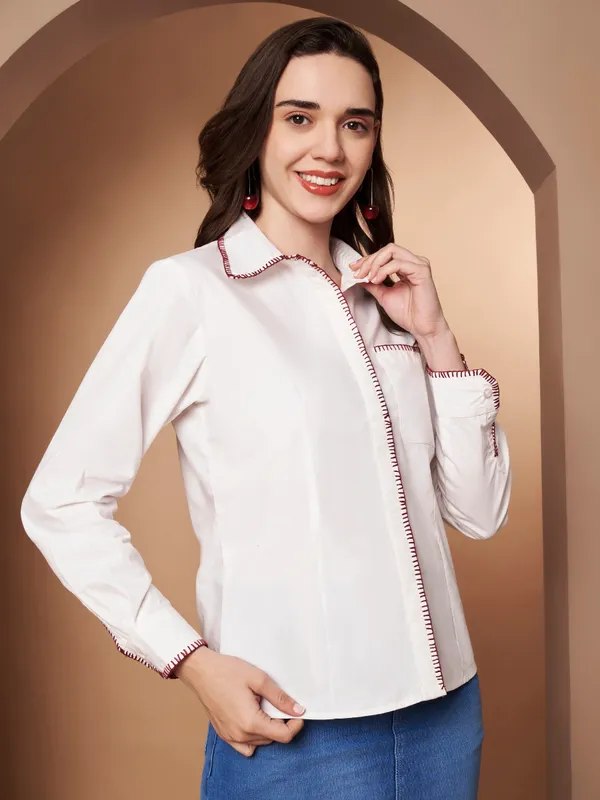 White_100%_Cotton_Contrast_Stitch_Shirt_for_Women