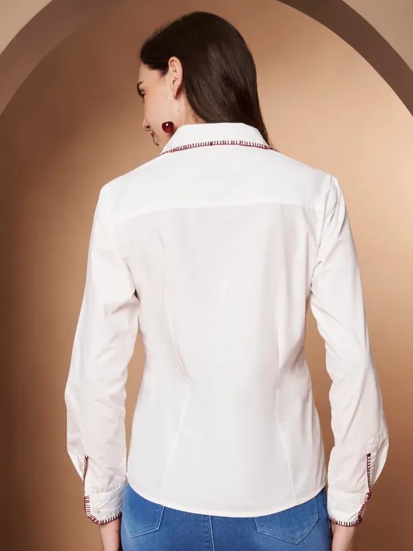 White_100%_Cotton_Contrast_Stitch_Shirt_for_Women