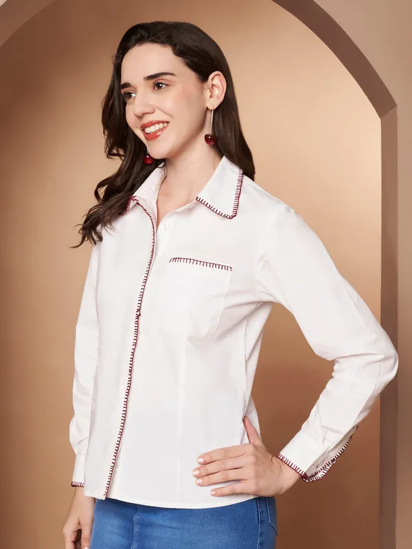 White_100%_Cotton_Contrast_Stitch_Shirt_for_Women