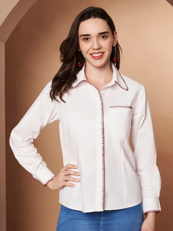 White_100%_Cotton_Contrast_Stitch_Shirt_for_Women